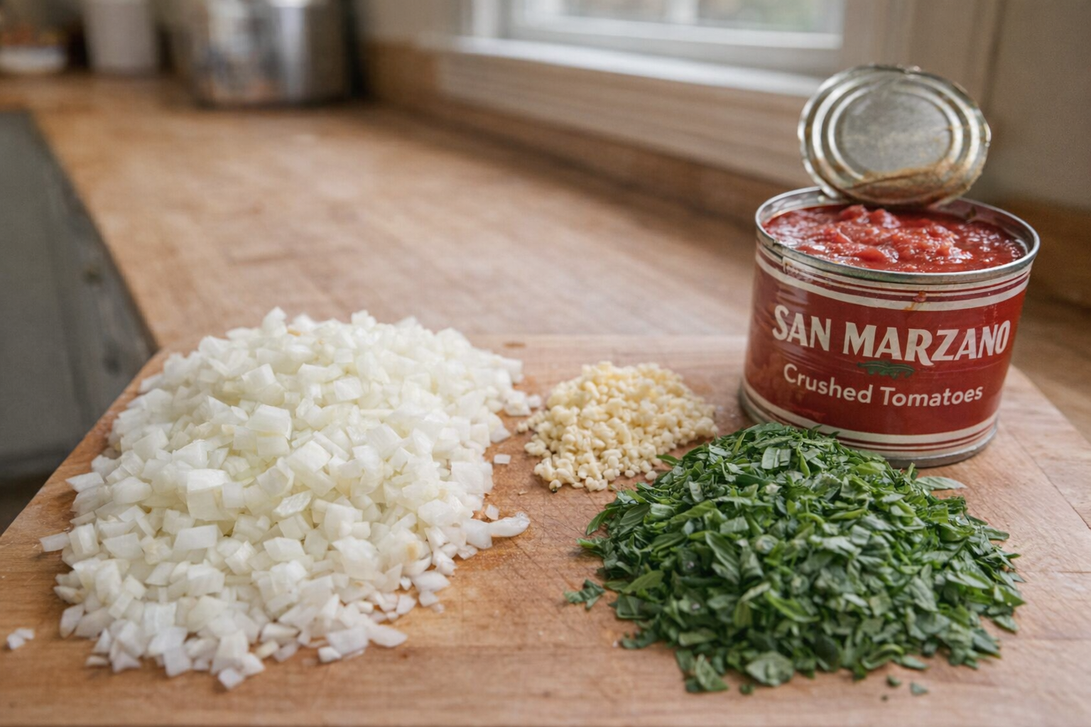 A wooden cutting board with diced onions, minced garlic, chopped fresh basil, and a can of crushed San Marzano tomatoes, bright natural lighting